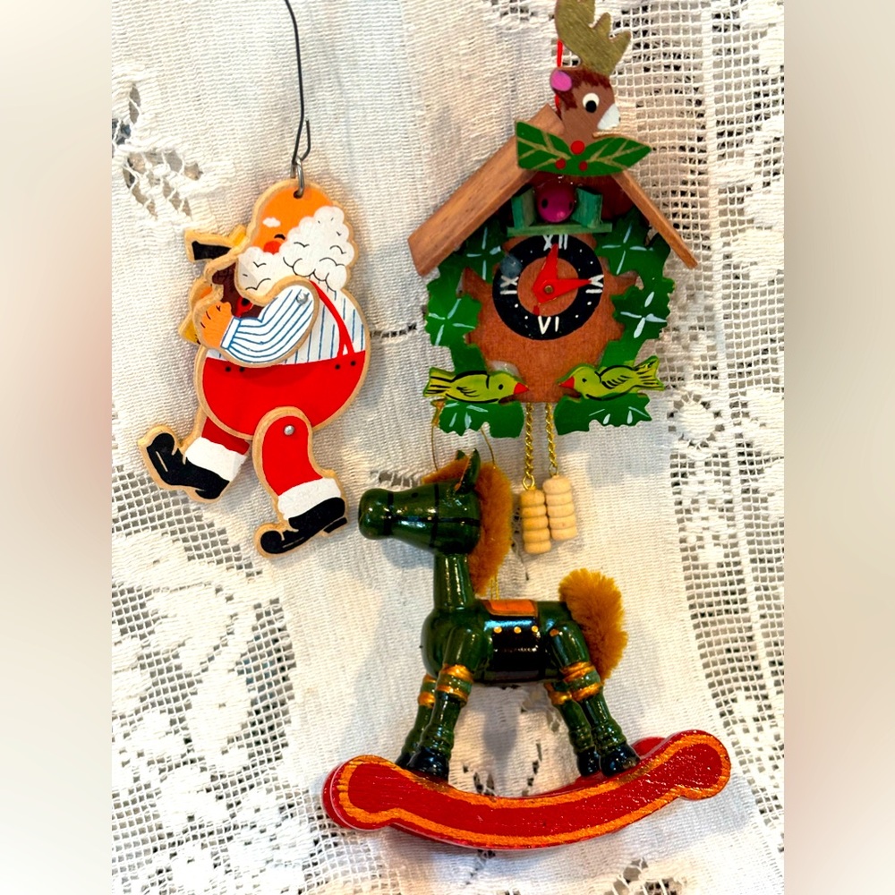 3 vintage wooden small ornaments Santa, cuckoo clock, rocking horse